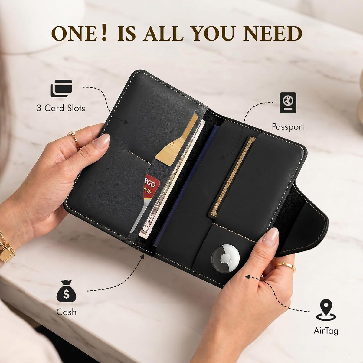 ALLIVE RFID Passport Holder, Genuine Leather Travel Wallet with AirTag Slot