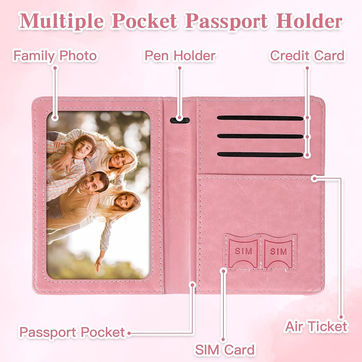 Passport Holder for Travel, RFID Blocking Passport Cover with Pen Holder Leather Passport Wallet Case Travel Must Haves Accessories Passport Book Card Holder for Family Travel Essentials Gifts, Pink