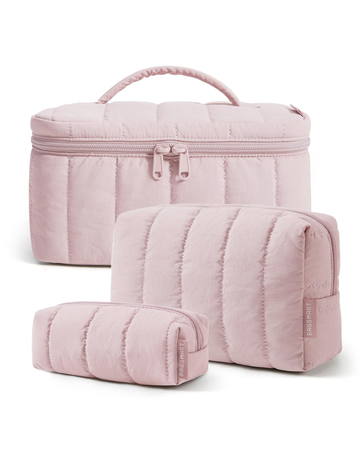 BAGSMART Travel Makeup Bag Set, 3 Pc Puffy Cosmetic Pouch, Camel