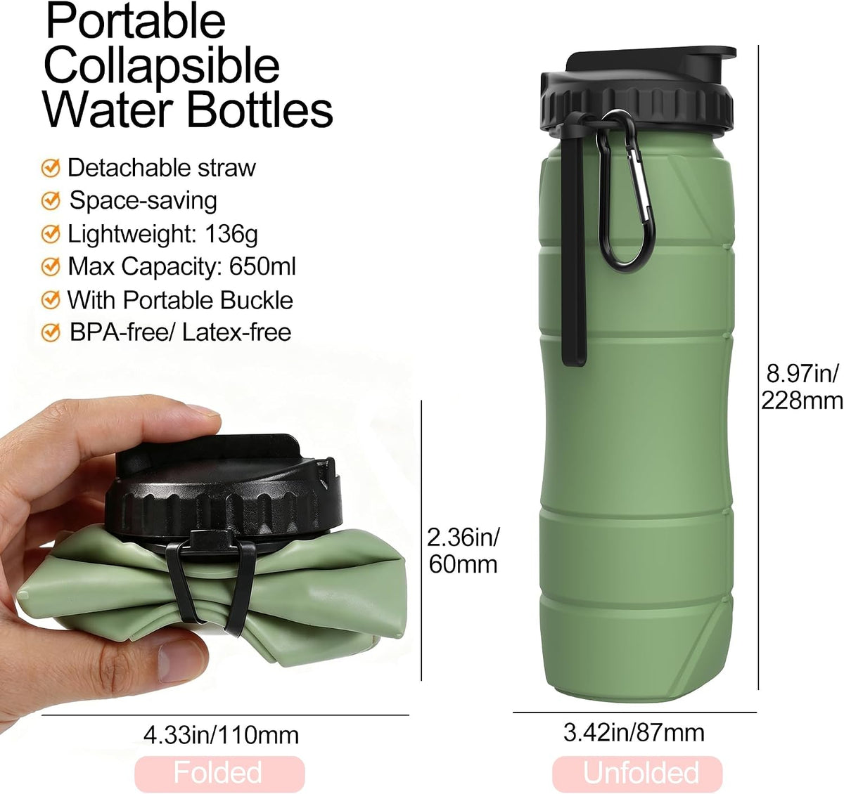 Collapsible Water Bottles, 22oz with Straw for Travel, Gym & Sports