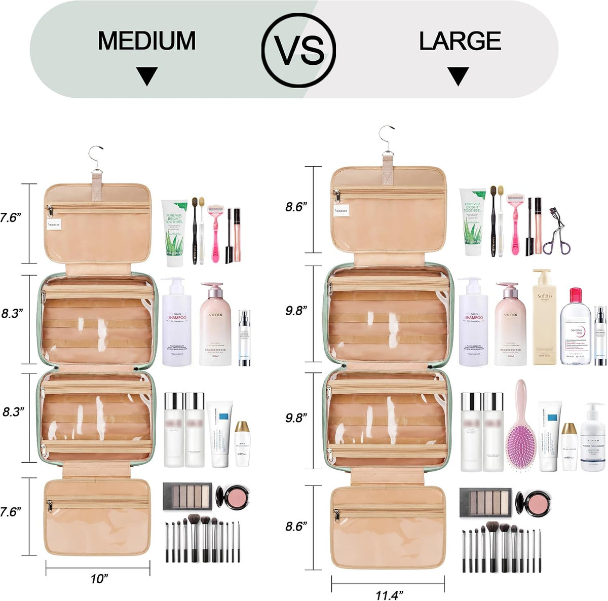 COOSKY Travel Hanging Toiletry Bag for Women, Cruise Ship Essentials, with Jewelry Organizer, Extra Large Makeup Dopp Kit, Waterproof Cosmetic Bags, Toiletries Kit Set with Trolley Belt, Green