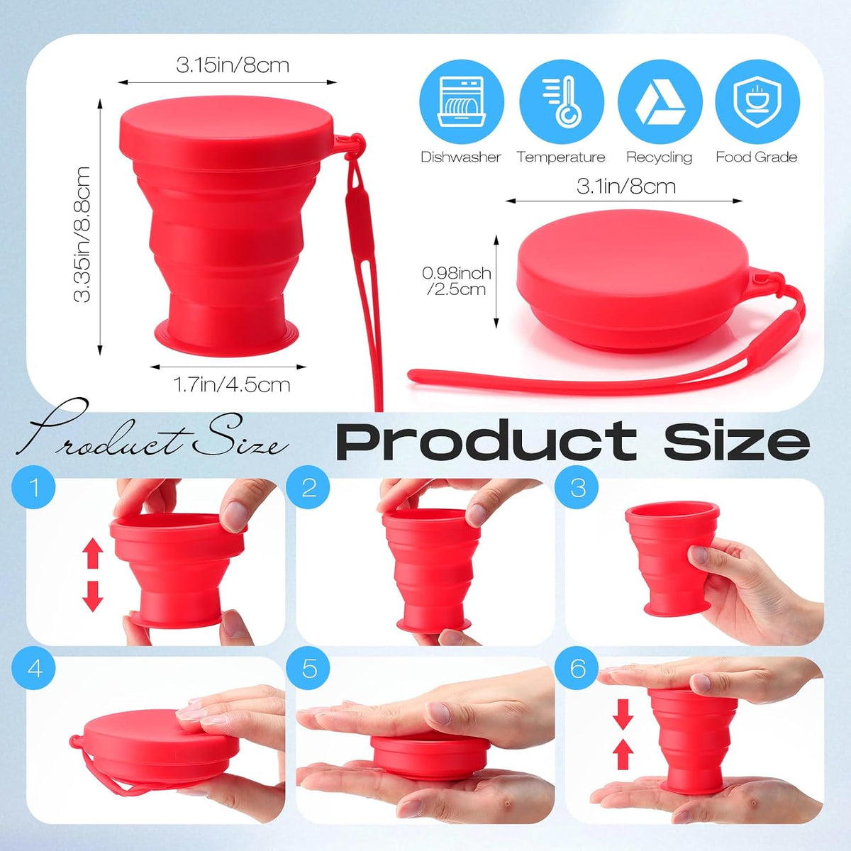 Funnymoom 8 Pcs Collapsible Silicone Cups with Lids, 7 oz, Rainbow Colors