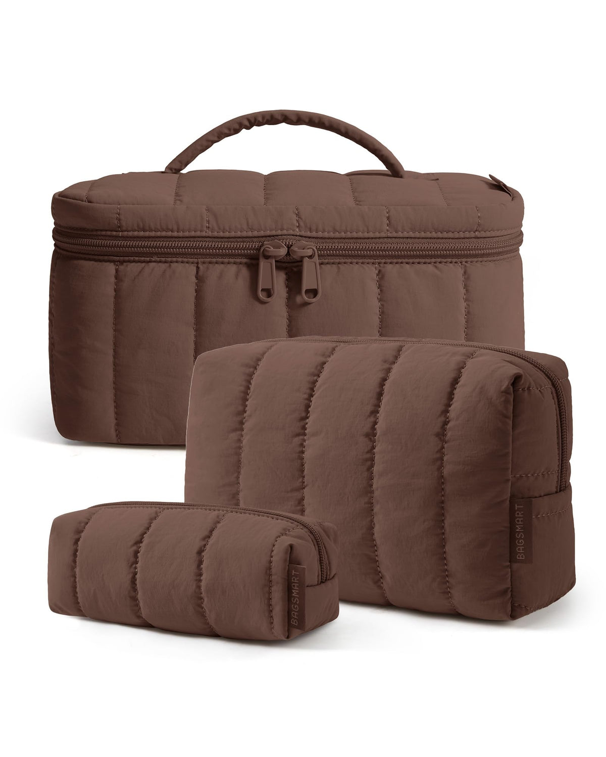 BAGSMART Travel Makeup Bag Set, 3 Pc Puffy Cosmetic Pouch, Camel