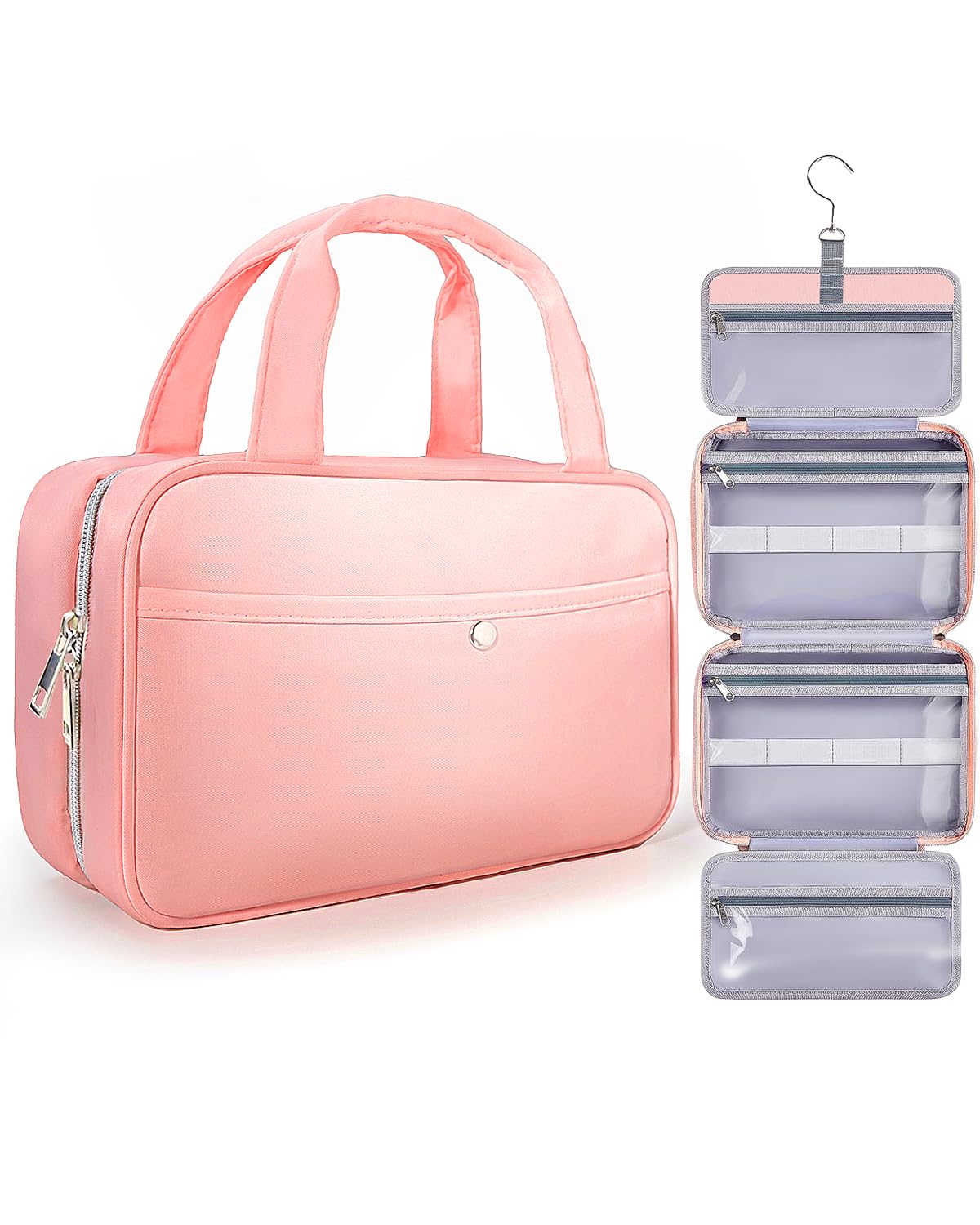 Travel Hanging Toiletry Bag for Women - Waterproof Cosmetic Organizer with Clear Window, Lightweight Bathroom Bags for Essentials, Makeup, Shampoo, Toiletries Pink, Medium