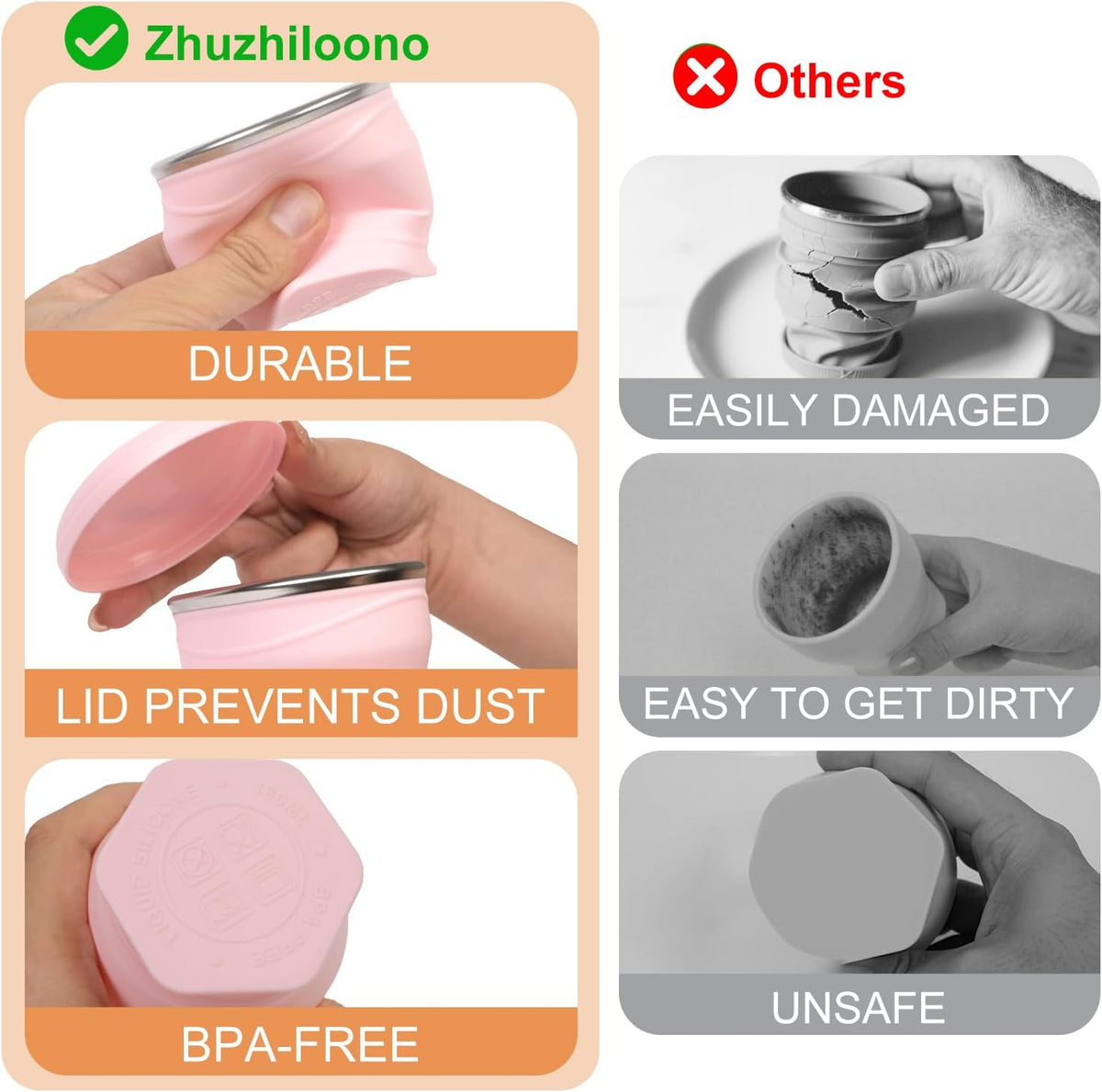 Collapsible Cup with Lid - 6oz Mini Silicone Folding Travel Cup with Steel Rim - BPA Free Small Portable Pocket Cup for Camping, Hiking, Kids, Mouthwash & Pills (Sakura Pink)