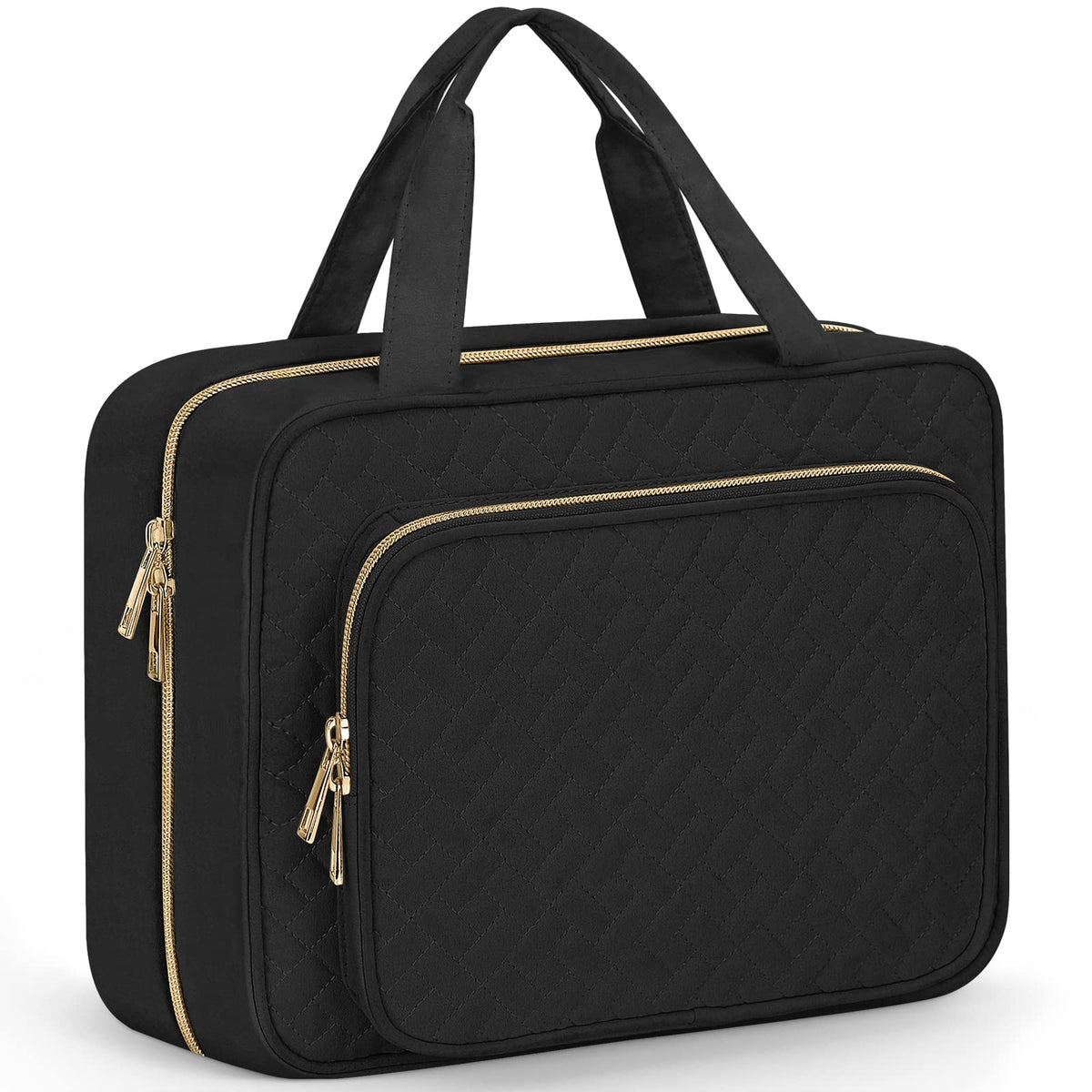 Wedama Toiletry Bag for Women, Hanging Travel Toiletry Bag with Jewelry Organizer Compartment Large Makeup Bag, PVC Waterproof Cosmetic Travel Bag for Travel Business Trips Camping Bathroom, Black