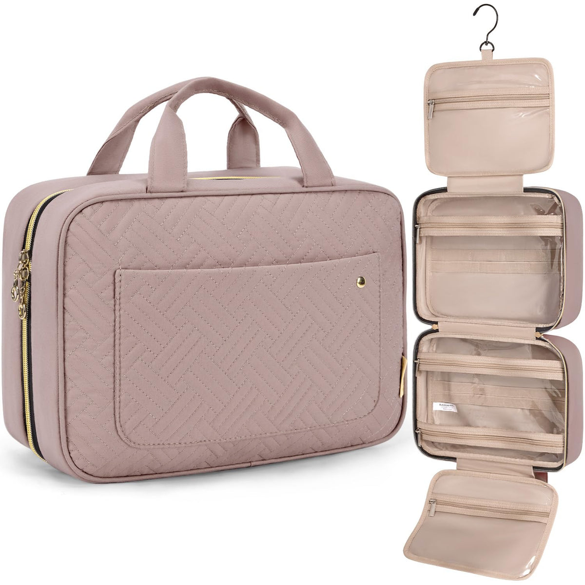 BAGSMART Toiletry Bag Travel Bag with Hanging Hook, Water-resistant Makeup Cosmetic Bag Travel Organizer for Accessories, Shampoo, Full Sized Container, Toiletries (Medium-Grey)