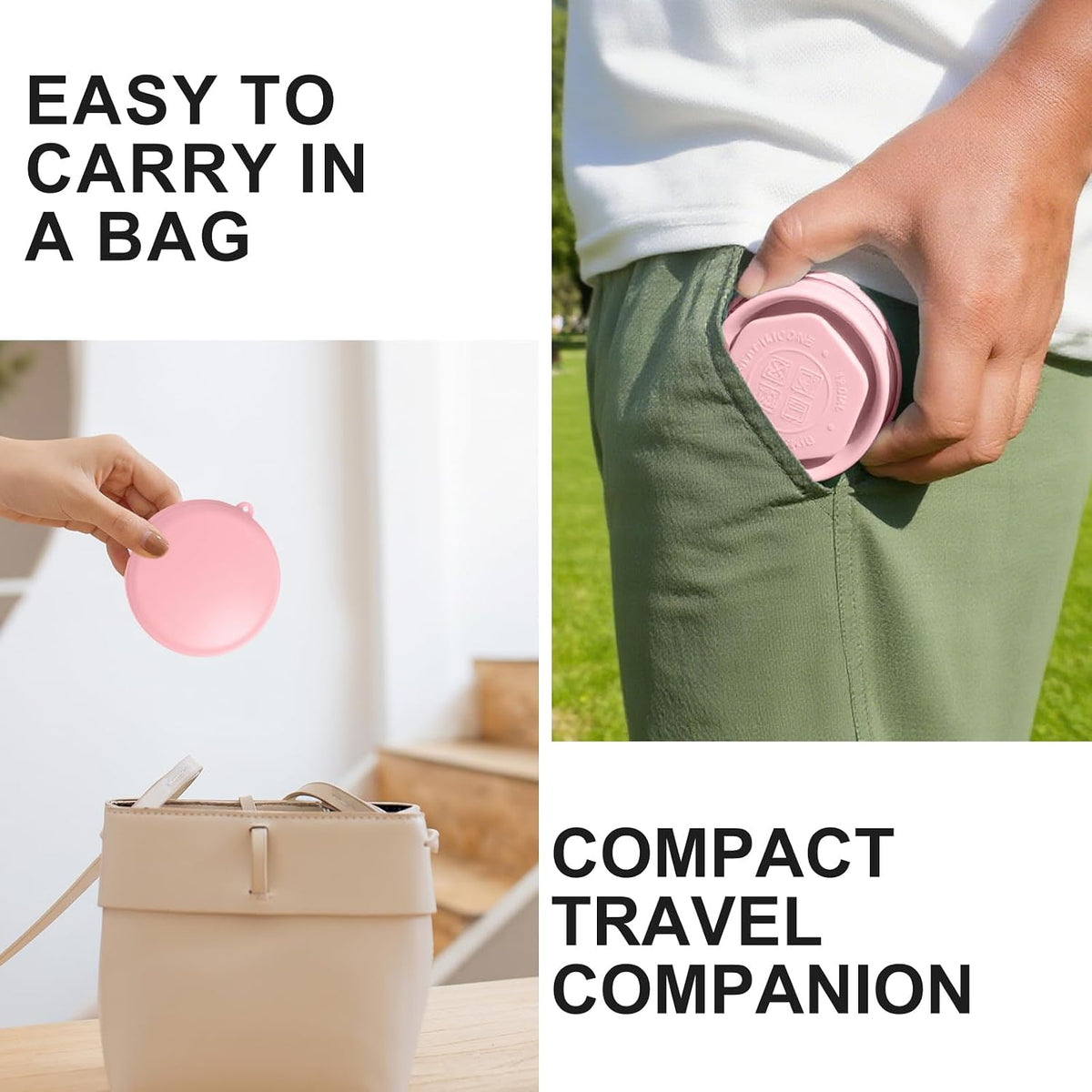 Collapsible Cup with Lid - 6oz Mini Silicone Folding Travel Cup with Steel Rim - BPA Free Small Portable Pocket Cup for Camping, Hiking, Kids, Mouthwash & Pills (Sakura Pink)