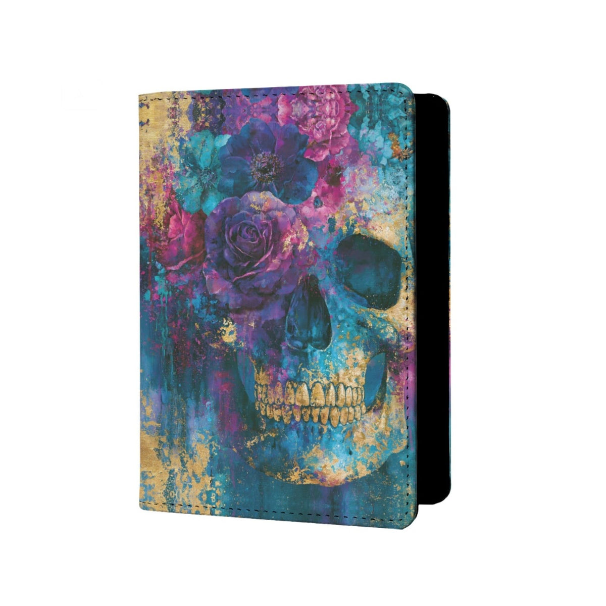 Womens Skull Print Passport Cover Leather Floral Passport Holder Protector with Credit Card Slots Passport Holder for Travel Blue Green Purple Onesize