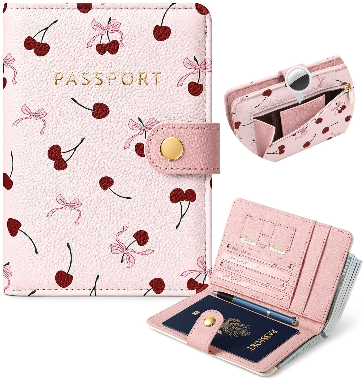 Slohif RFID Blocking Passport Holder with Hidden Tracker Slot Playful Cat