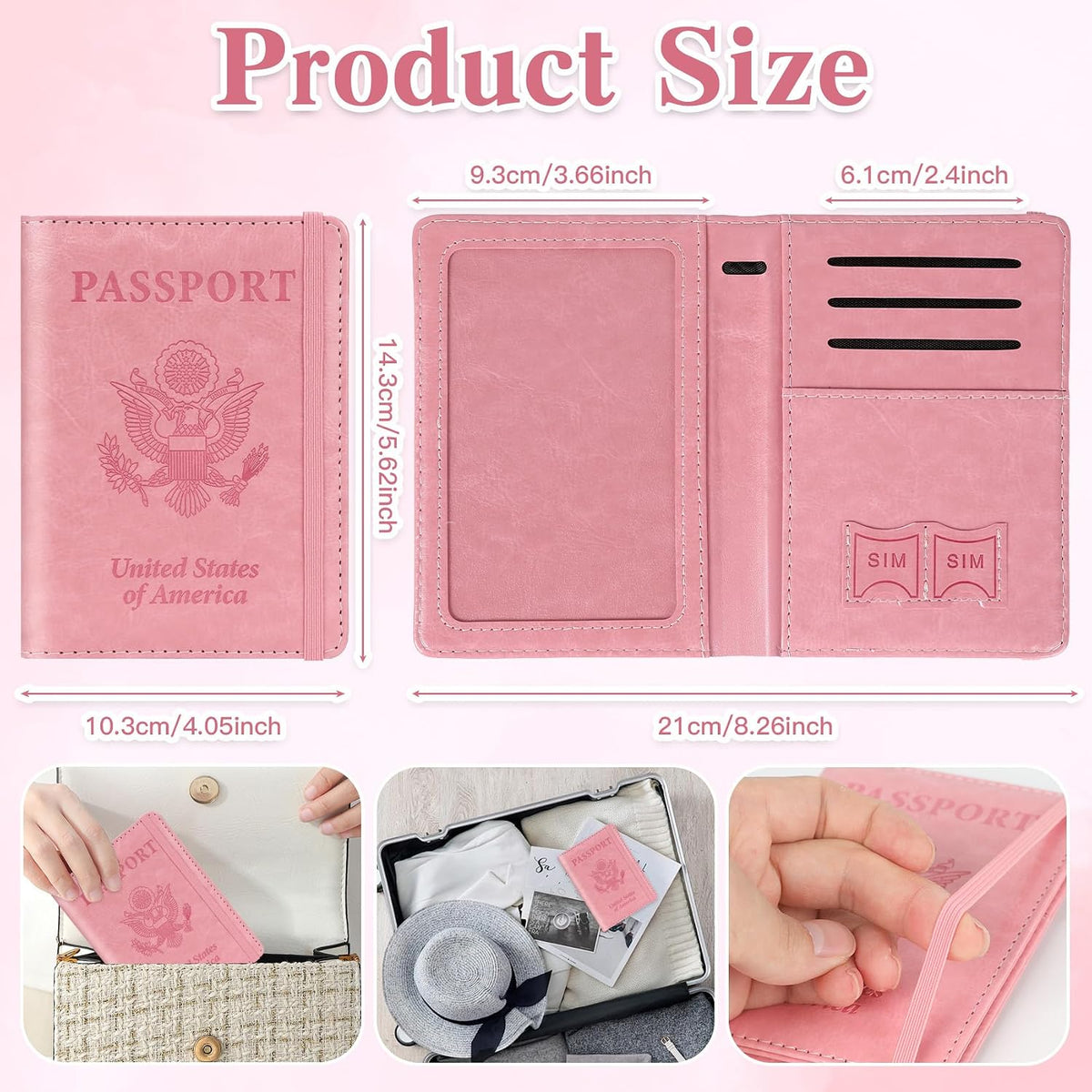 Passport Holder for Travel, RFID Blocking Passport Cover with Pen Holder Leather Passport Wallet Case Travel Must Haves Accessories Passport Book Card Holder for Family Travel Essentials Gifts, Pink