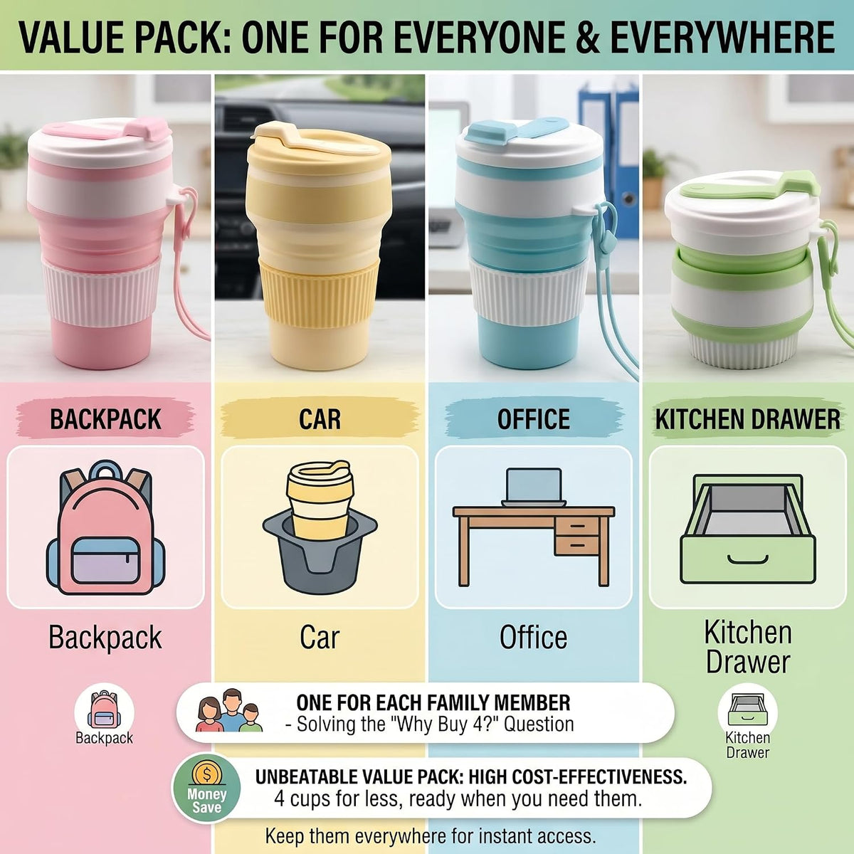 4-Pack Collapsible Cup Reusable – 12oz Leakproof Travel Coffee Mug, Silicone, Foldable & Portable for Hiking, Camping, Office | Lightweight, Heat-Resistant, Easy to Clean, Outdoor & Travel Cup