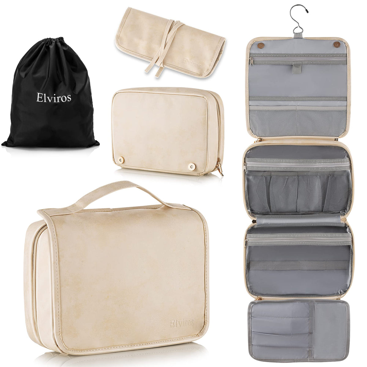 Elviros Hanging Toiletry Bag for Men PU Leather Shaving Dopp Kit (Brown)