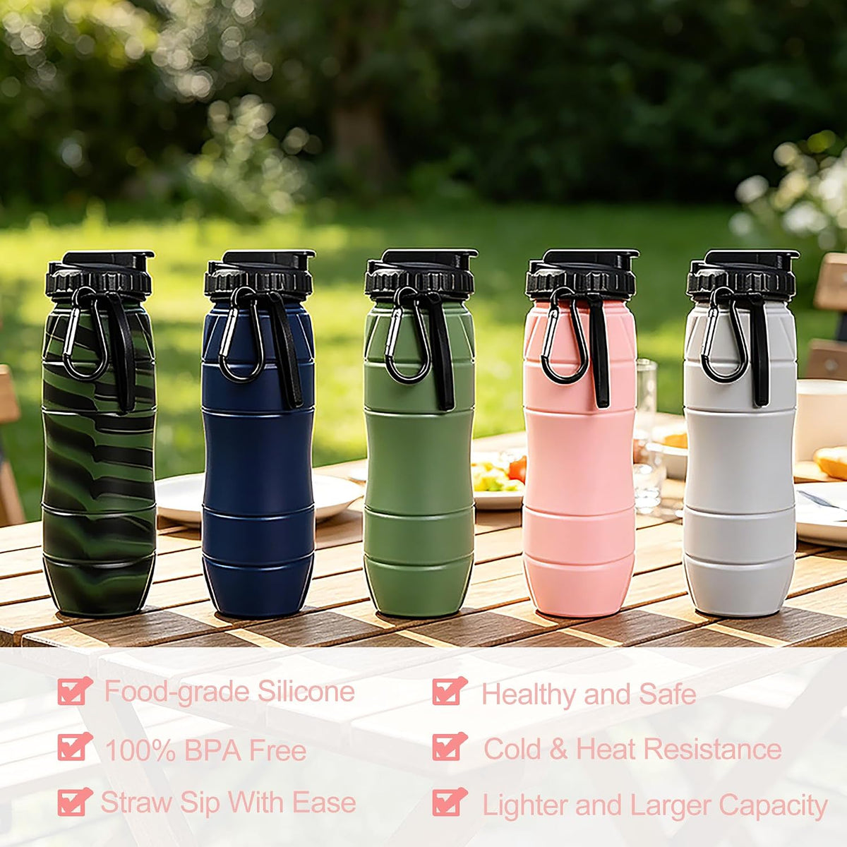 Collapsible Water Bottles, 22oz with Straw for Travel, Gym & Sports