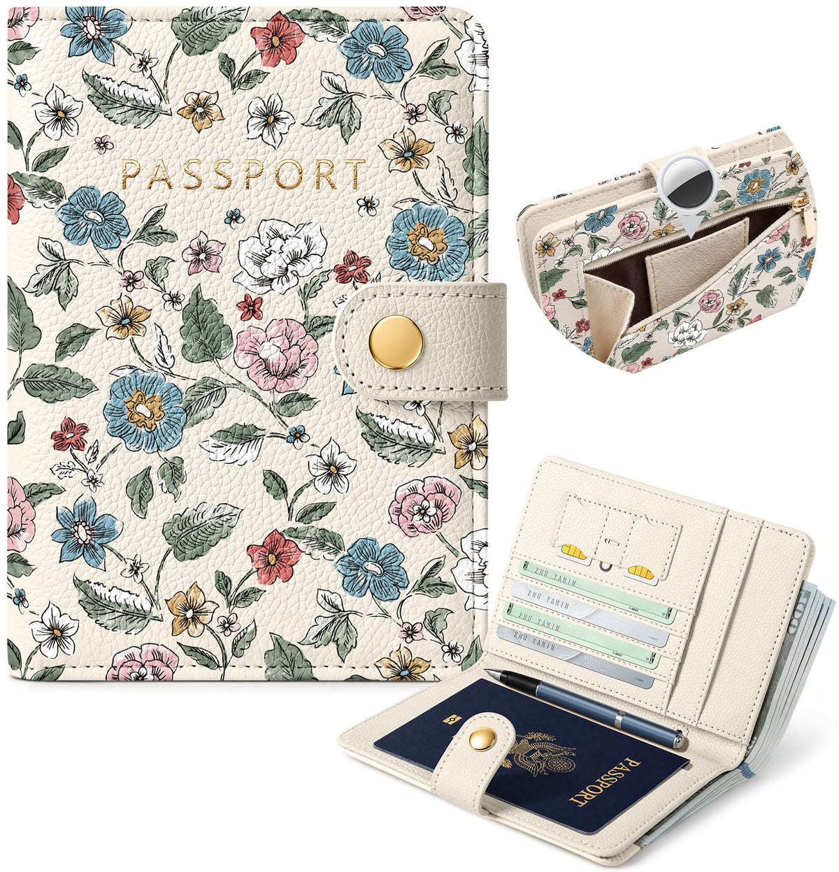 Slohif RFID Blocking Passport Holder with Hidden Tracker Slot Playful Cat