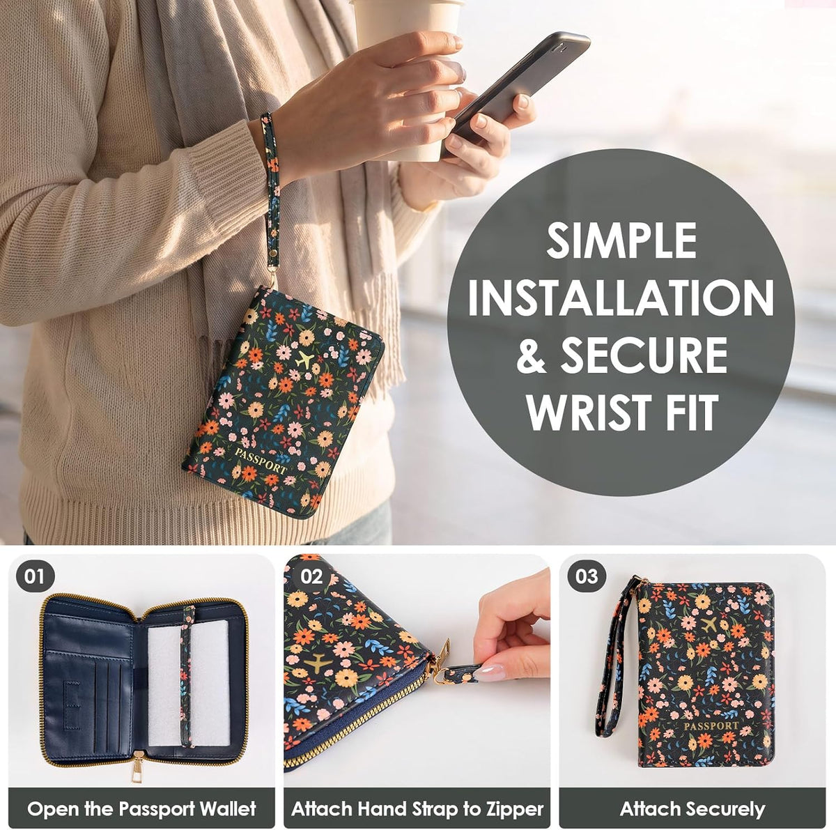 KONVINIT Black Floral Passport Holder For Travel, Passport Cover For Women
