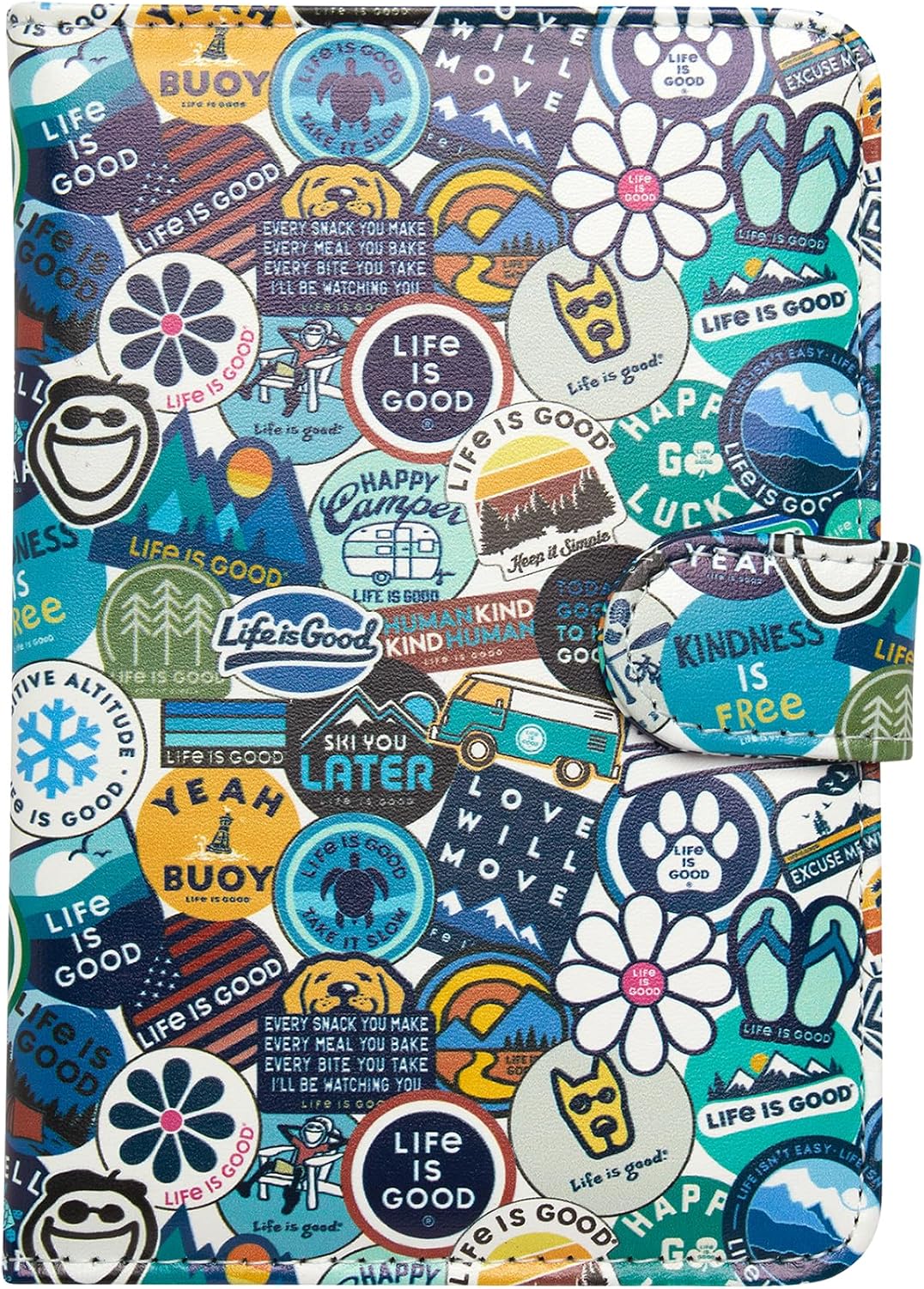Life is Good Travel Passport Cover - Anti-Theft Passport Holder Wallet with Interior Card Slots, Magnetic Snap Closure, Newsprint