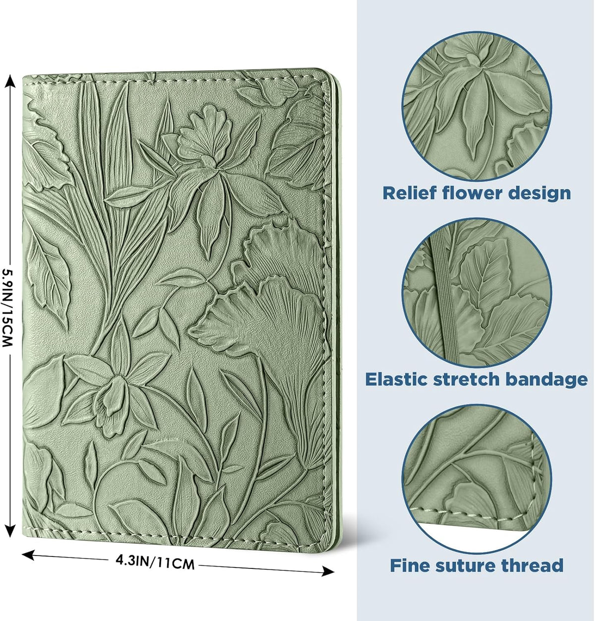Passport Holder for Travel Essentials，Cute Embossed Floral Pattern RFID Blocking Leather Passport Wallet Cover，Essentials Items for Men and Women's Travel，Green