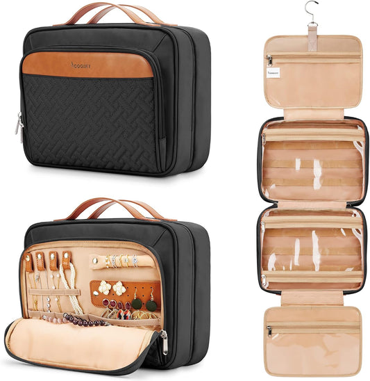 COOSKY Travel Hanging Toiletry Bag for Women, Holds Full-Size Shampoo, with Jewelry Organizer Compartment, Extra Large Makeup Bag, Waterproof Cosmetic Bag, Toiletries Kit Set with Trolley Belt, Black