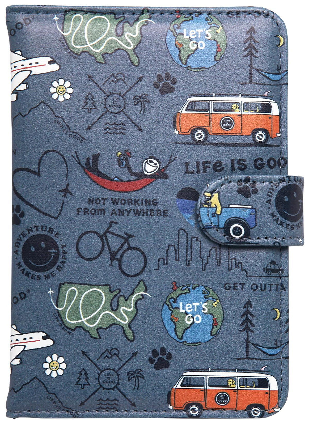 Life is Good Travel Passport Cover - Anti-Theft Passport Holder Wallet with Interior Card Slots, Magnetic Snap Closure, Newsprint