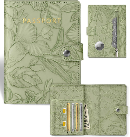 Slohif Elegant RFID Passport Holder for Travel with AirTag Sage Green