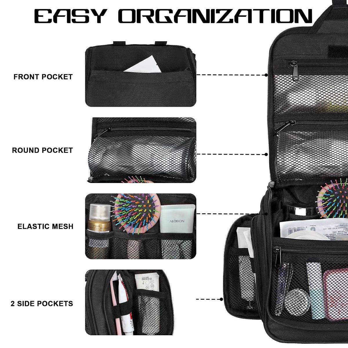 Goloni Hanging Toiletry Bag for Men Women, Water-Resistant Organizer,Black