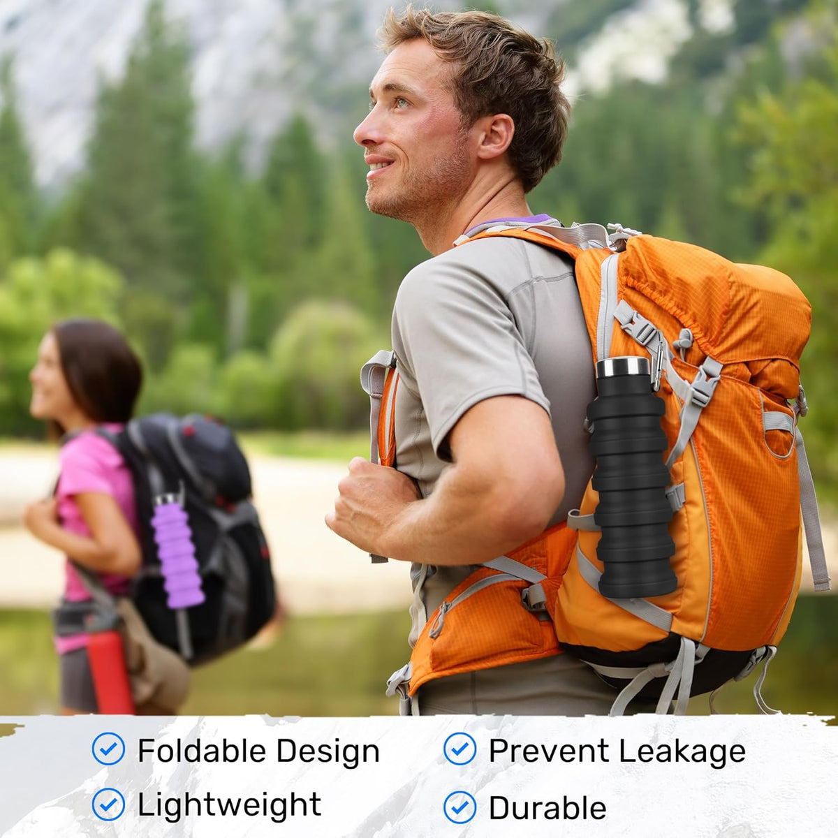 Collapsible Water Bottle, 16oz Portable Reusable Silicone Water Bottle with Carabiner for Gym, Travel, Camping, Hiking, Sports, Lightweight, BPA-Free, Leak-Proof, Foldable Design, Black
