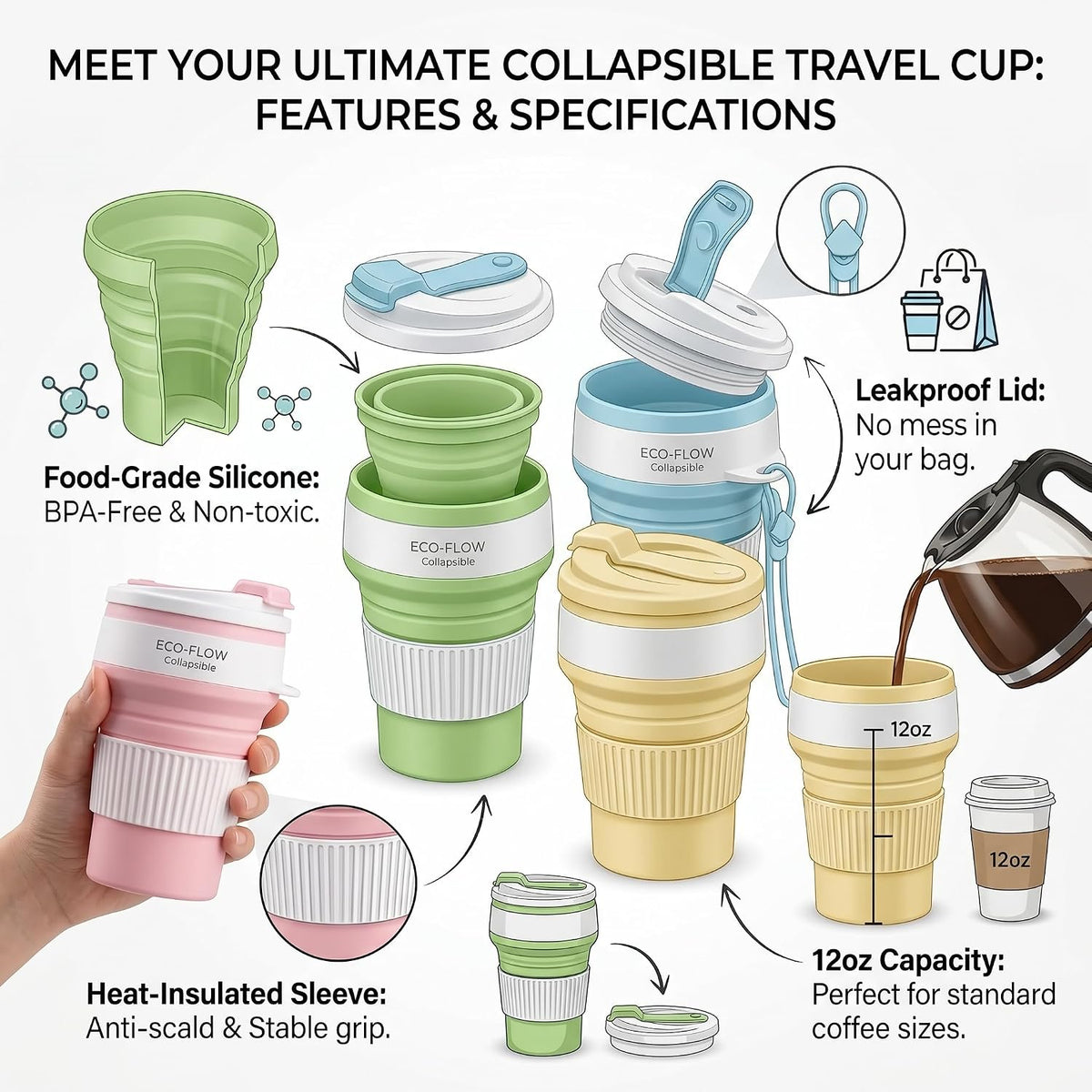 4-Pack Collapsible Cup Reusable – 12oz Leakproof Travel Coffee Mug, Silicone, Foldable & Portable for Hiking, Camping, Office | Lightweight, Heat-Resistant, Easy to Clean, Outdoor & Travel Cup