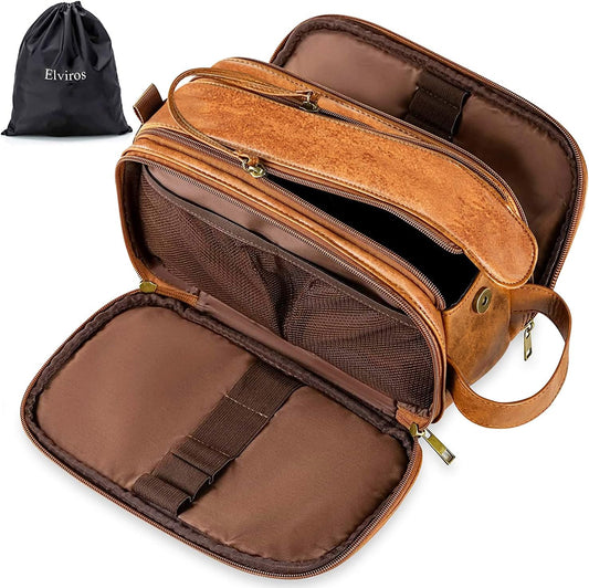 Elviros Travel Toiletry Bag for Men PU Leather Dopp Kit (Small, Brown)