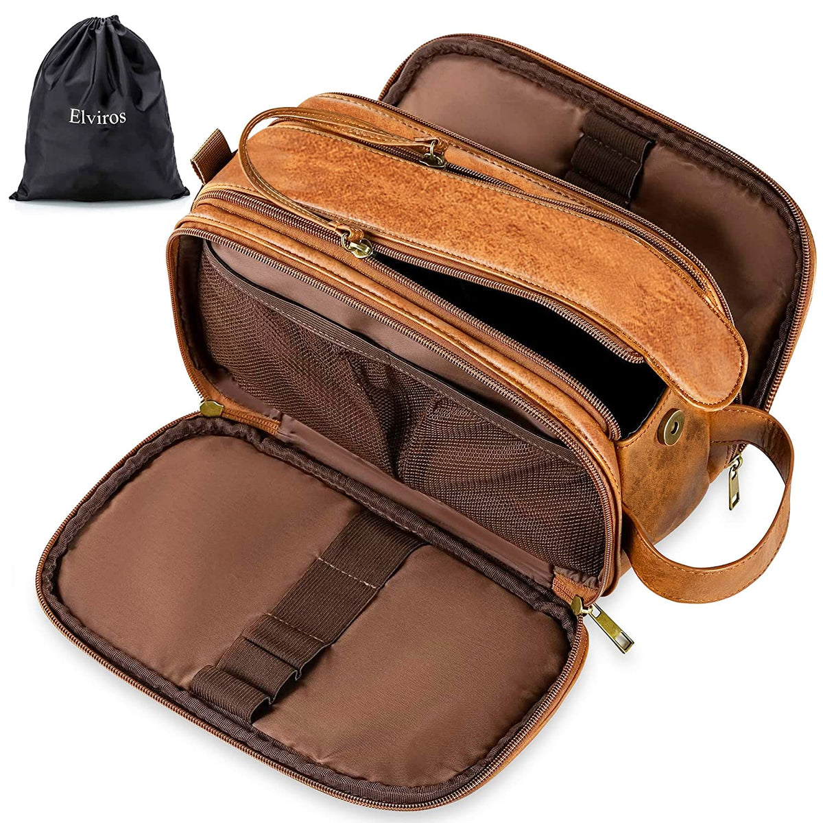 Elviros Travel Toiletry Bag for Men PU Leather Dopp Kit (Small, Brown)
