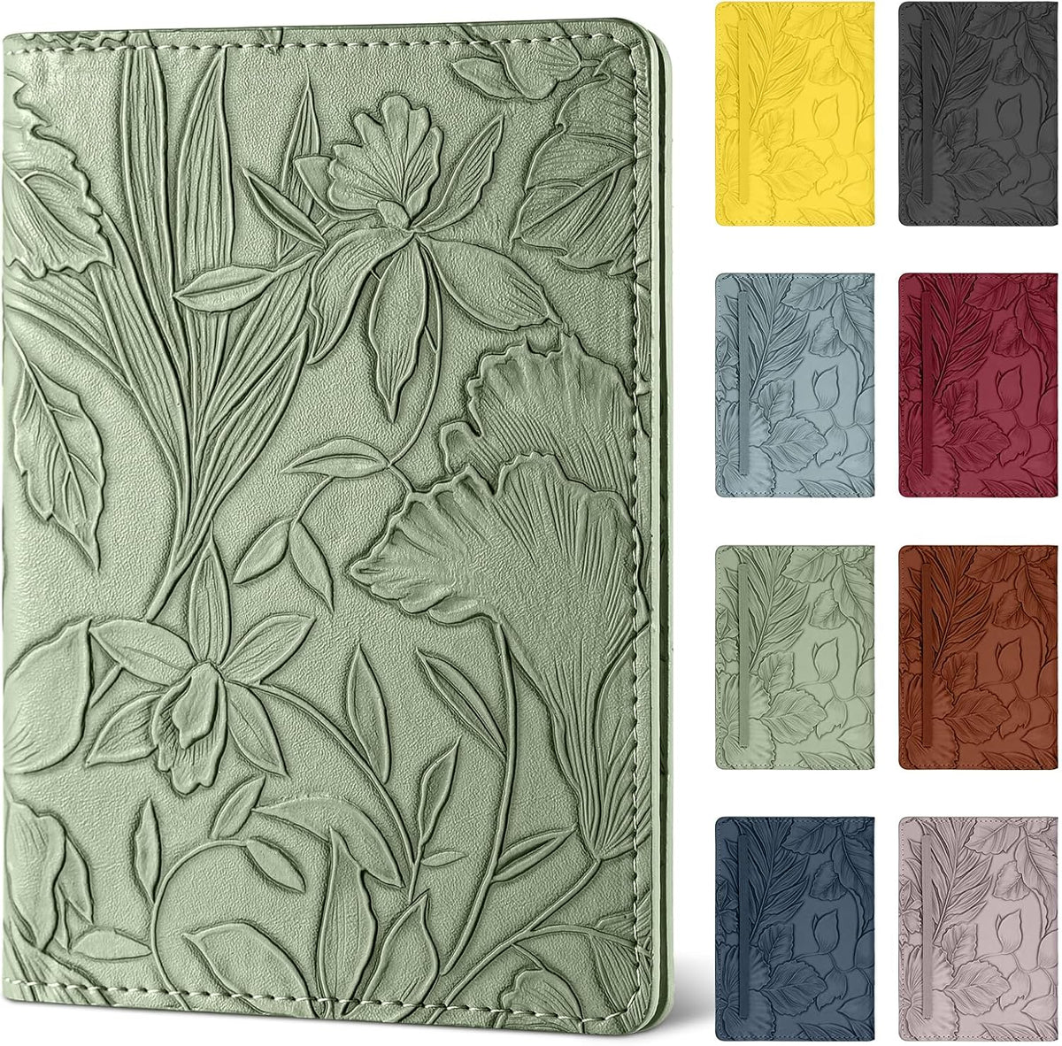 Passport Holder for Travel Essentials，Cute Embossed Floral Pattern RFID Blocking Leather Passport Wallet Cover，Essentials Items for Men and Women's Travel，Green