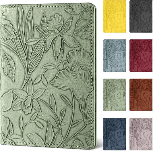 Passport Holder for Travel Essentials，Cute Embossed Floral Pattern RFID Blocking Leather Passport Wallet Cover，Essentials Items for Men and Women's Travel，Green