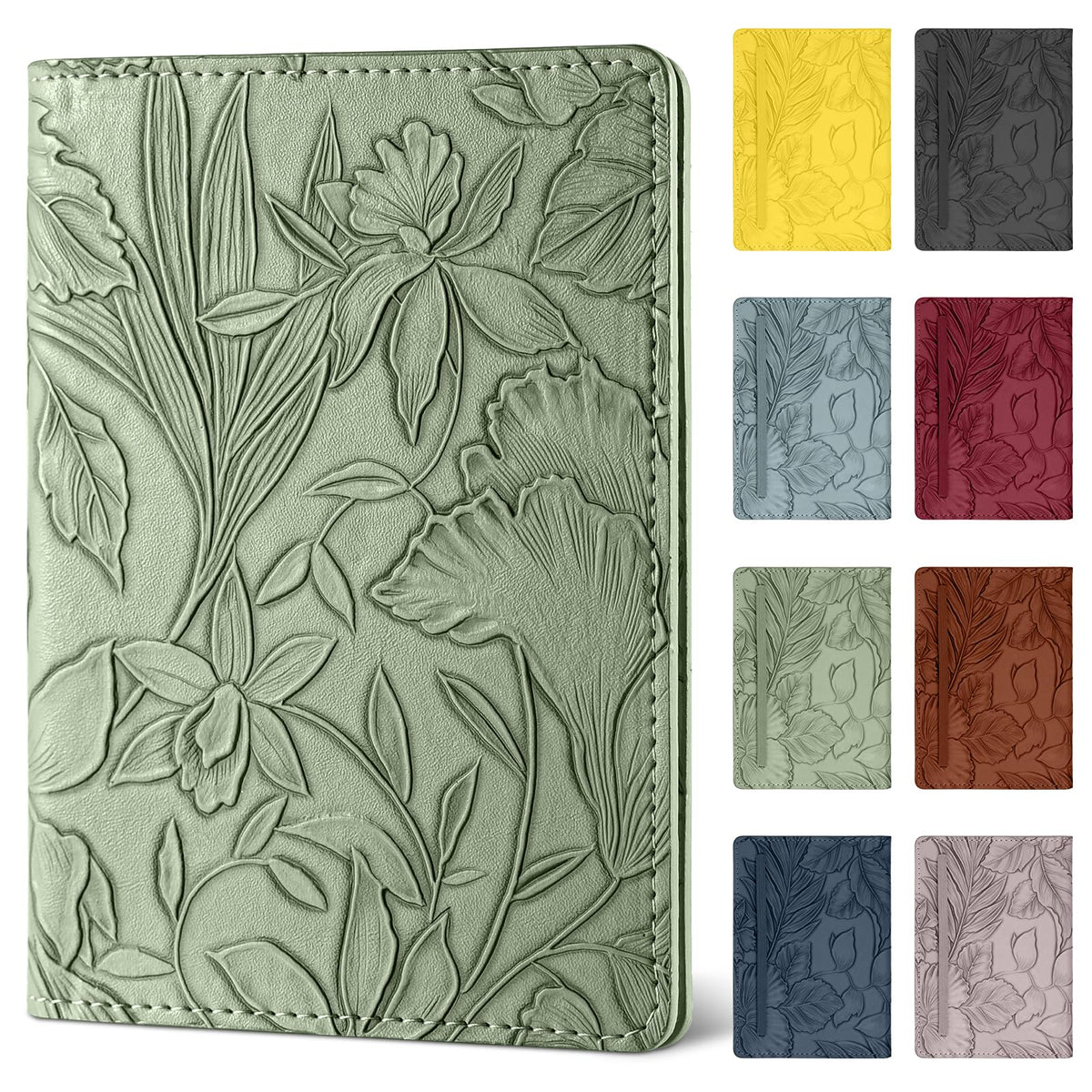 Passport Holder for Travel Essentials，Cute Embossed Floral Pattern RFID Blocking Leather Passport Wallet Cover，Essentials Items for Men and Women's Travel，Green