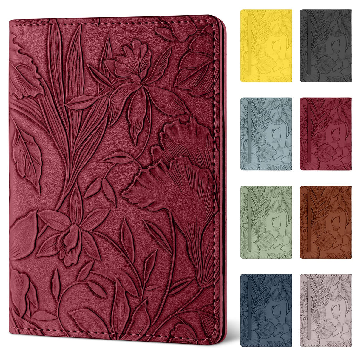 Passport Holder for Travel Essentials，Cute Embossed Floral Pattern RFID Blocking Leather Passport Wallet Cover，Essentials Items for Men and Women's Travel，Green