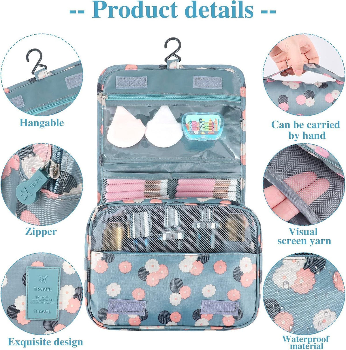 Hanging Toiletry Bag for Women, Portable Cosmetic Summer Beach Bag, Floral