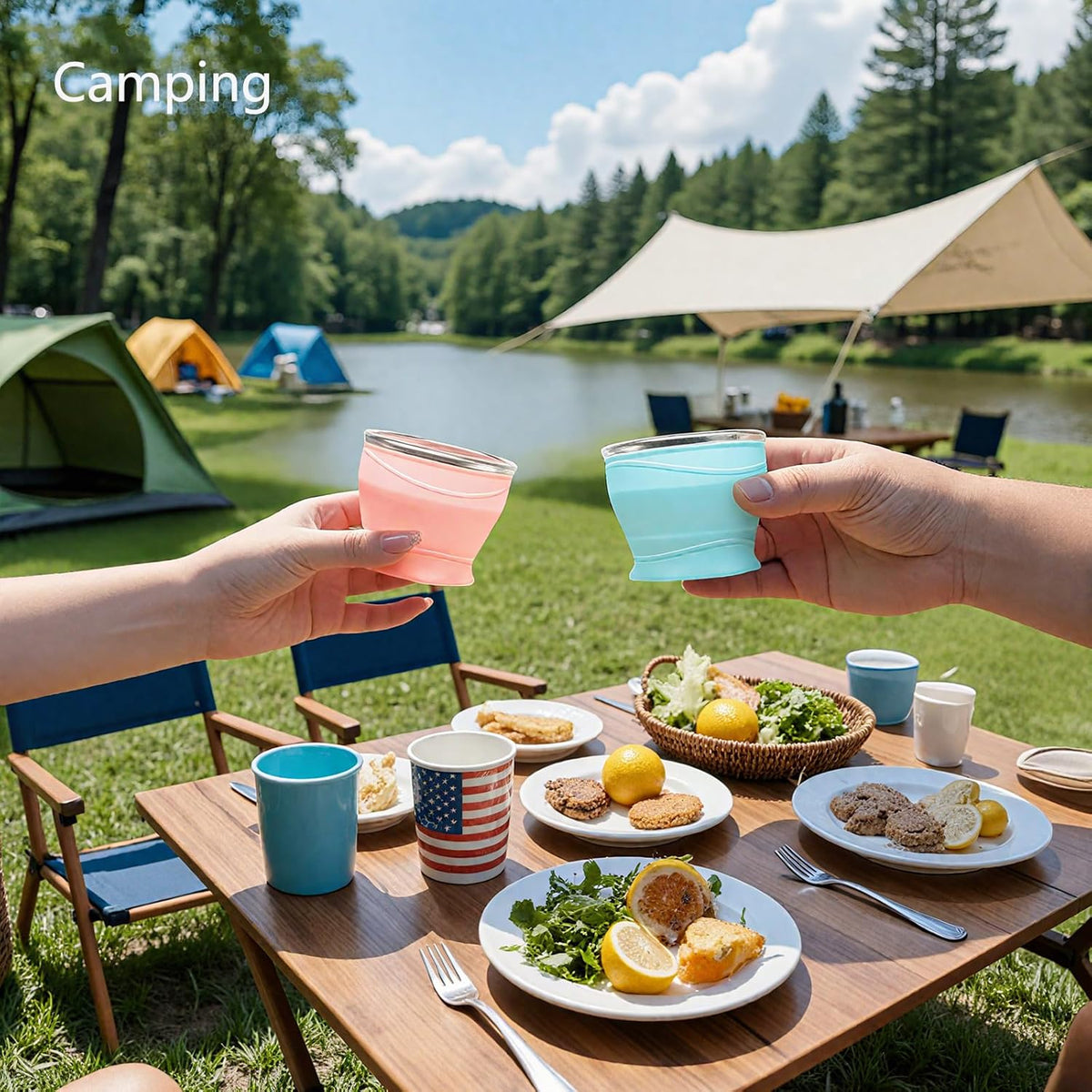 Collapsible Cup with Lid - 6oz Mini Silicone Folding Travel Cup with Steel Rim - BPA Free Small Portable Pocket Cup for Camping, Hiking, Kids, Mouthwash & Pills (Creamy yellow)