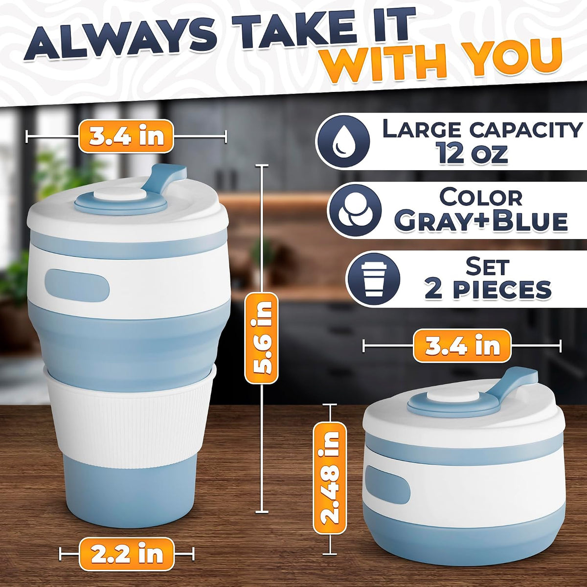 VIKROM Collapsible Coffee Cup with Lid, 2 Pack, 12 Oz Silicone Travel Mug