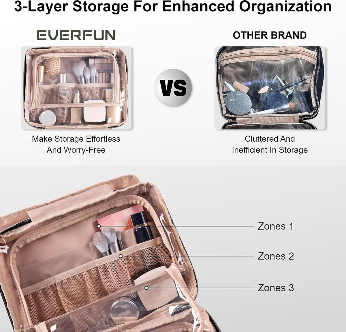 Everfun Hanging Travel Toiletry Bag Women, Leakproof Wet Dry Compartments