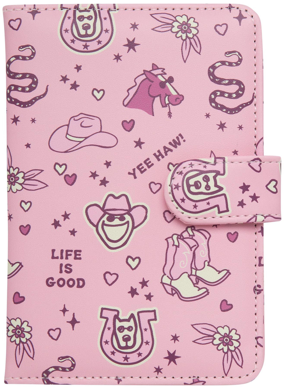 Life is Good Travel Passport Cover - Anti-Theft Passport Holder Wallet with Interior Card Slots, Magnetic Snap Closure, Newsprint