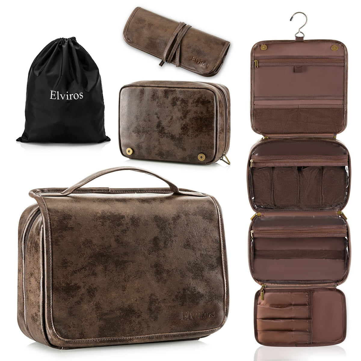 Elviros Hanging Toiletry Bag for Men PU Leather Shaving Dopp Kit (Brown)