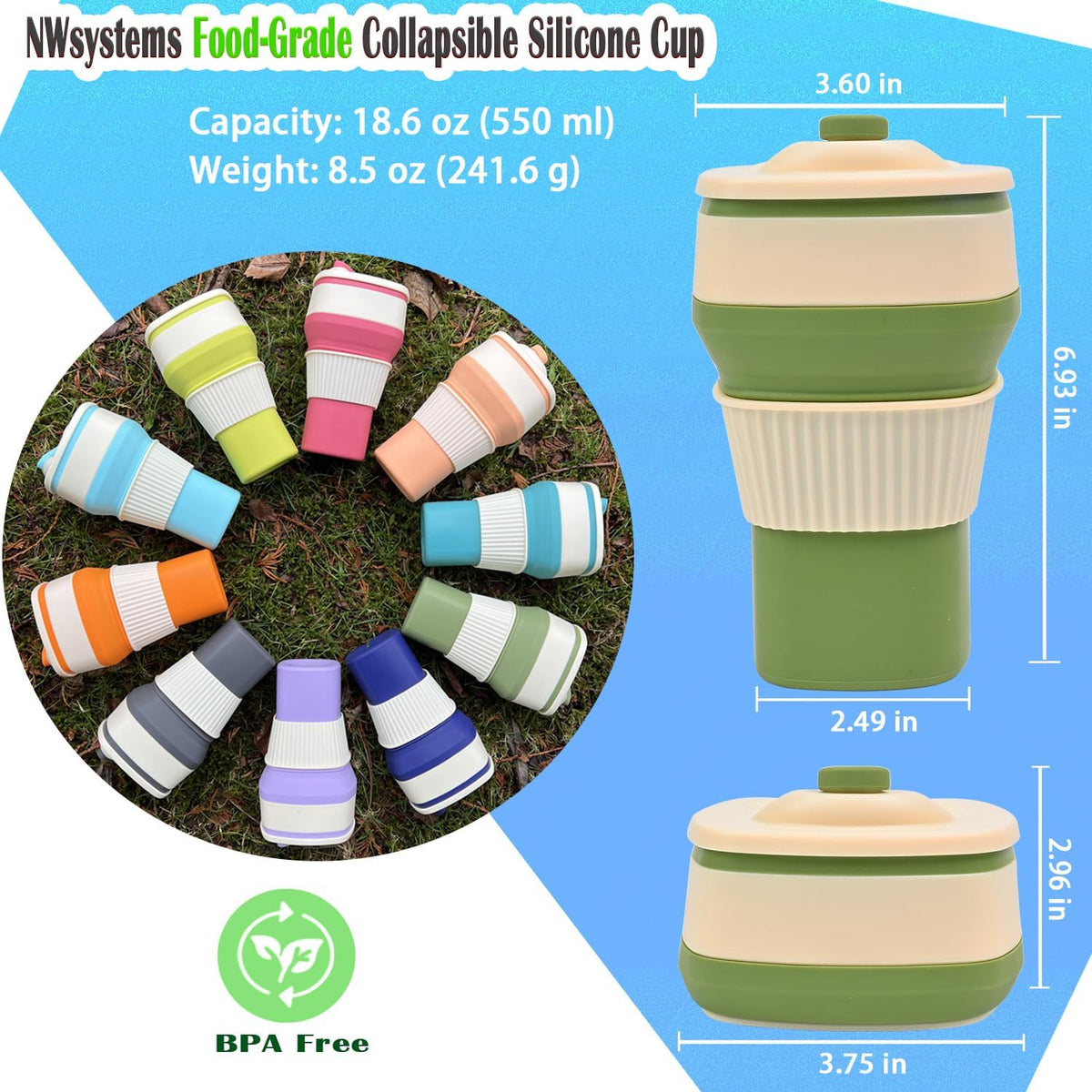 Collapsible Silicone Cup, Safe & Portable, for Hot & Cold Drinks, 18.6 oz (550 ml) - Travel, Camping, Office, and More – Sage Green
