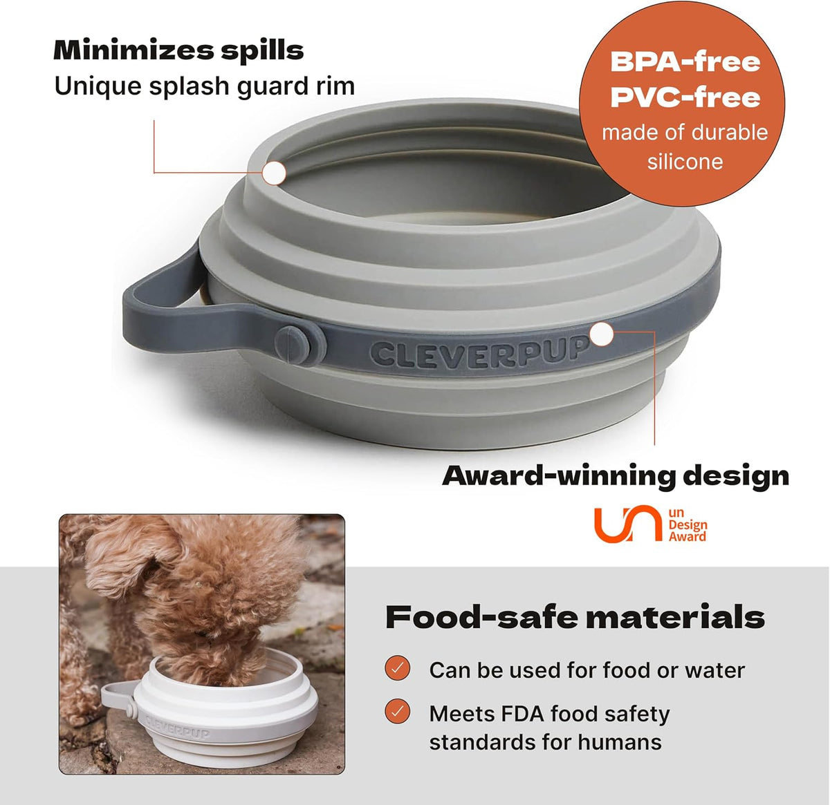 Cleverpup Nomad Small Collapsible Travel Dog Bowl - 2 Cup, Grey Silicone