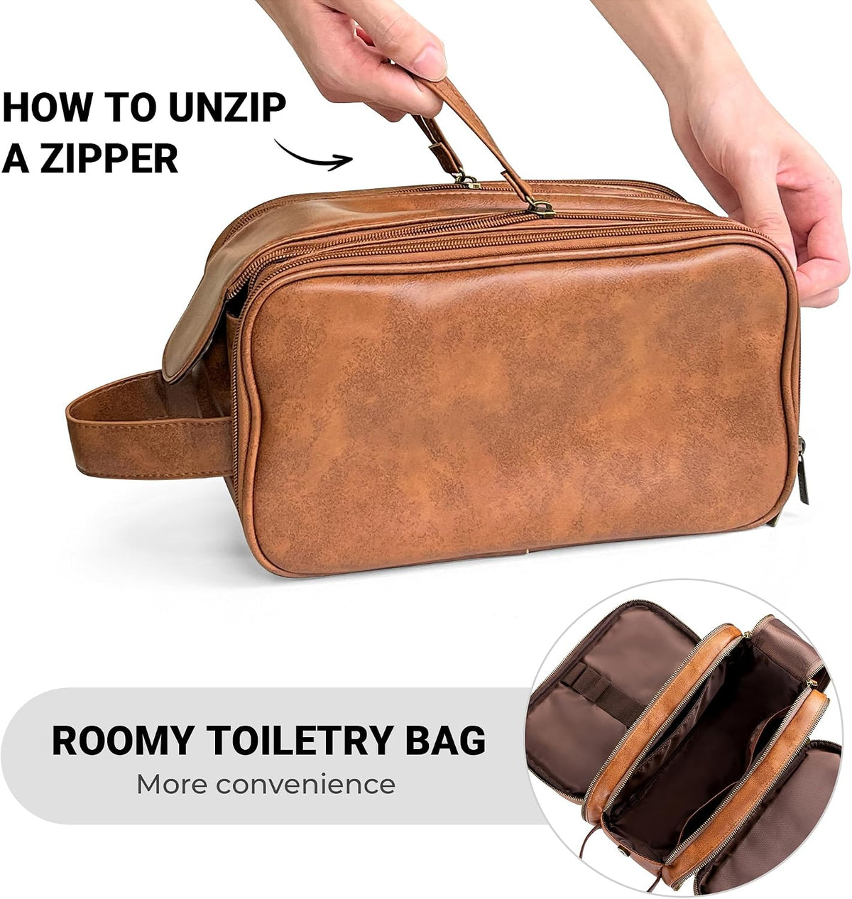 Elviros Travel Toiletry Bag for Men PU Leather Dopp Kit (Small, Brown)