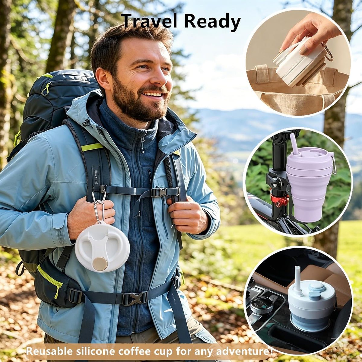 IYYI Collapsible Travel Cup, Silicone Coffee Cup with Lid, 20.3 oz Travel Coffee Mug with Straw, Folding Cup for Hiking Camping Office - Dishwasher Safe (Khaki)