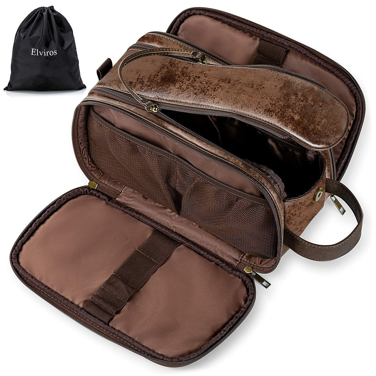 Elviros Travel Toiletry Bag for Men PU Leather Dopp Kit (Small, Brown)