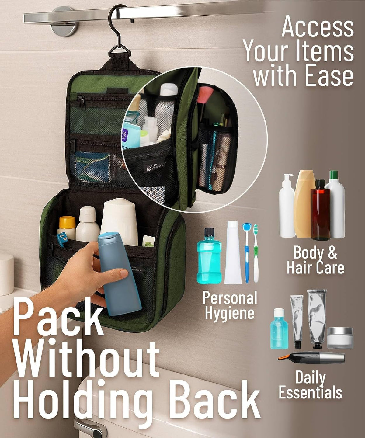 D&D Wanderlust Hanging Travel Toiletry Bag for Women & Men, Large Organizer