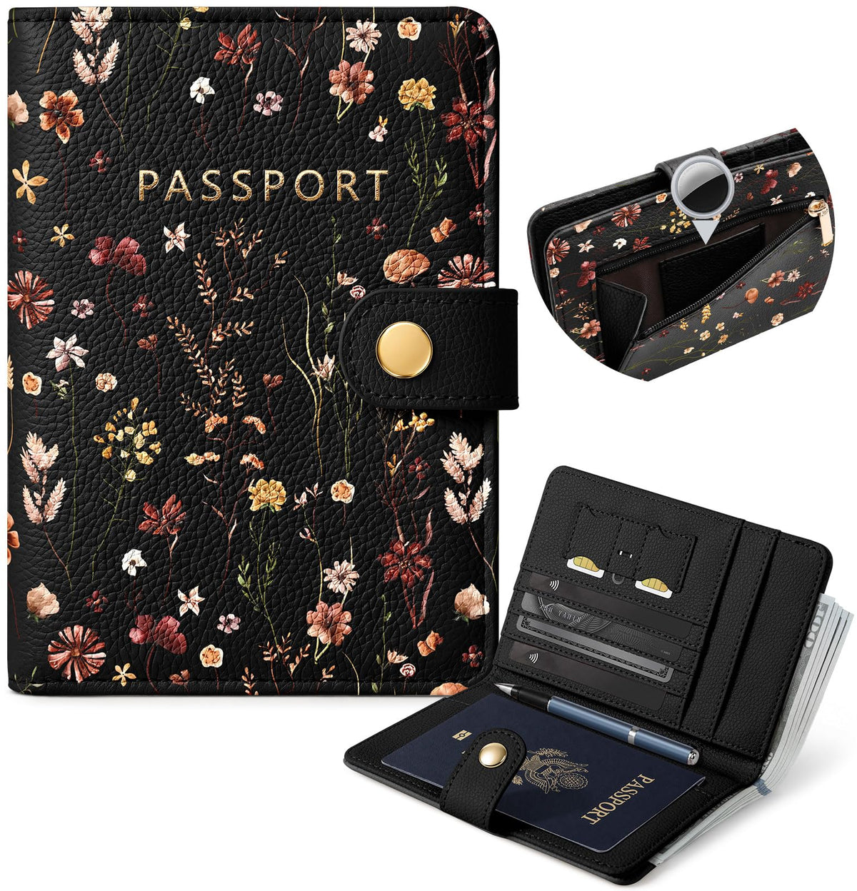 Slohif RFID Blocking Passport Holder with Hidden Tracker Slot Playful Cat