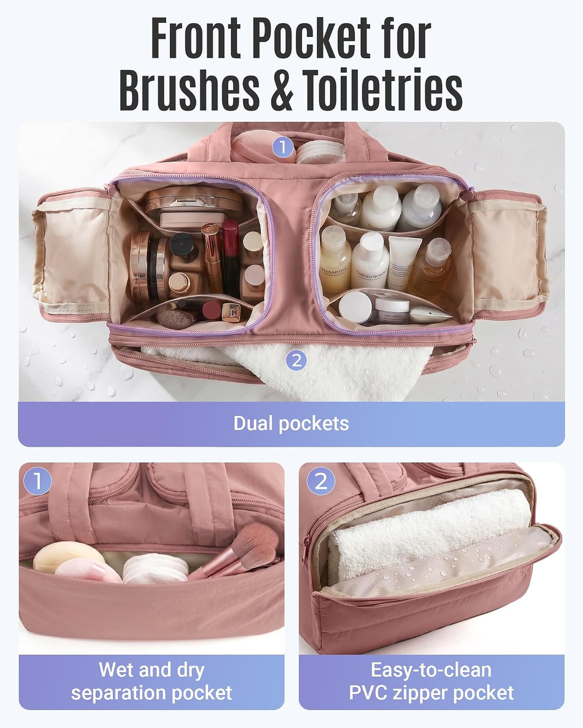 LIGHT FLIGHT Travel Toiletry Bag, Quilted Travel Makeup Cosmetic Bag Organizer, Toiletry Bags for Traveling Women, Make up Bag with Handle, Dark Pink