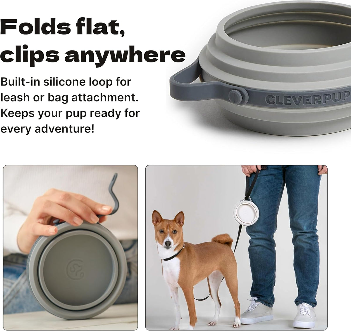 Cleverpup Nomad Small Collapsible Travel Dog Bowl - 2 Cup, Grey Silicone