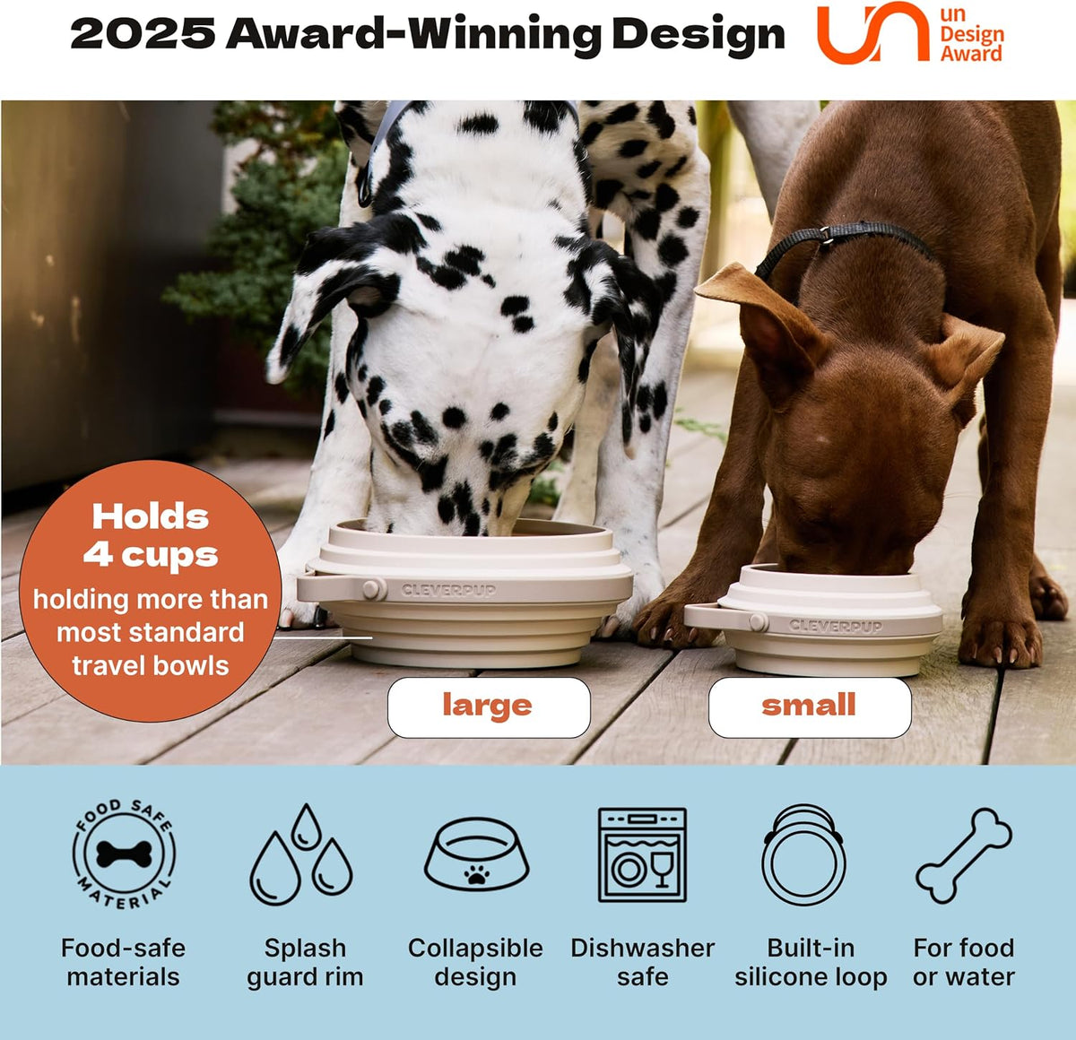 Cleverpup Nomad Small Collapsible Travel Dog Bowl - 2 Cup, Grey Silicone